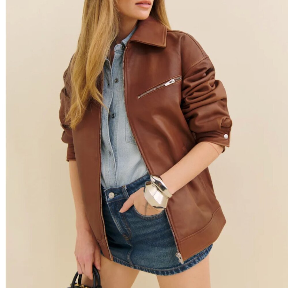 Reformation Veda Marco Leather Oversized Bomber - Sienna XS NWT